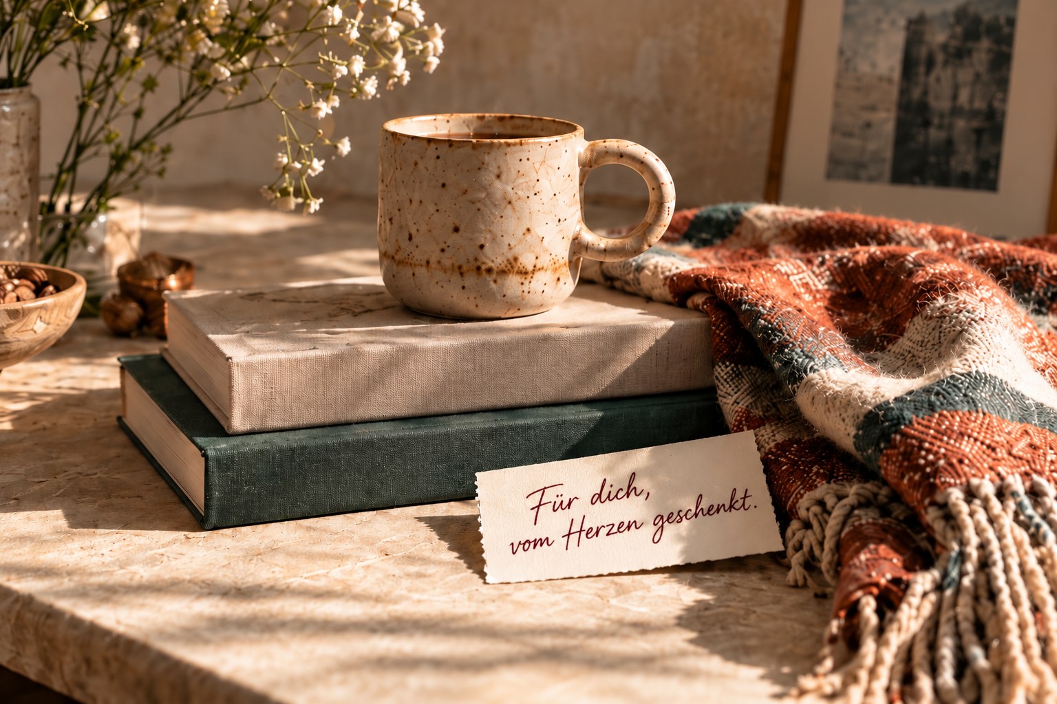 Keramiktasse, Bücher und ein gewebter Schal mit handschriftlicher Karte: Für dich, vom Herzen geschenkt.
