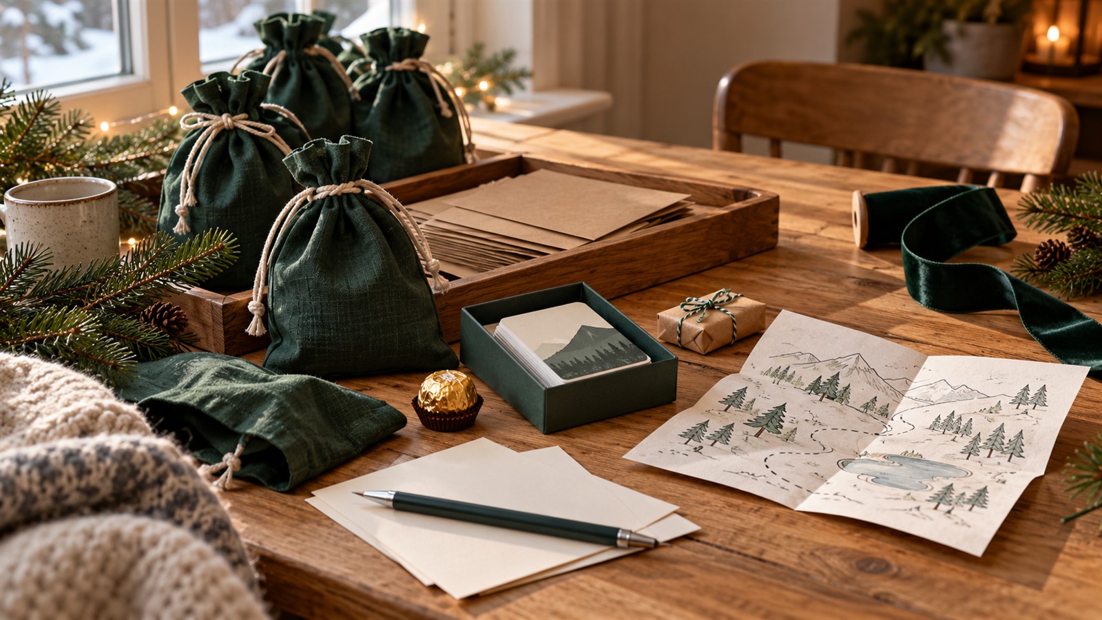 Adventskalender für den Freund selber füllen: grüne Stoffbeutel, Karten, Spiel und kleine Geschenke auf einem Holztisch