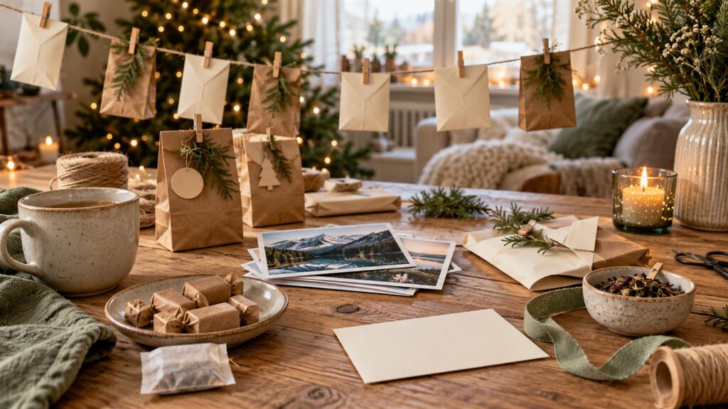 Adventskalender für die Freundin selber füllen: Papiertüten, Fotos, Karten und kleine Geschenke auf einem Holztisch