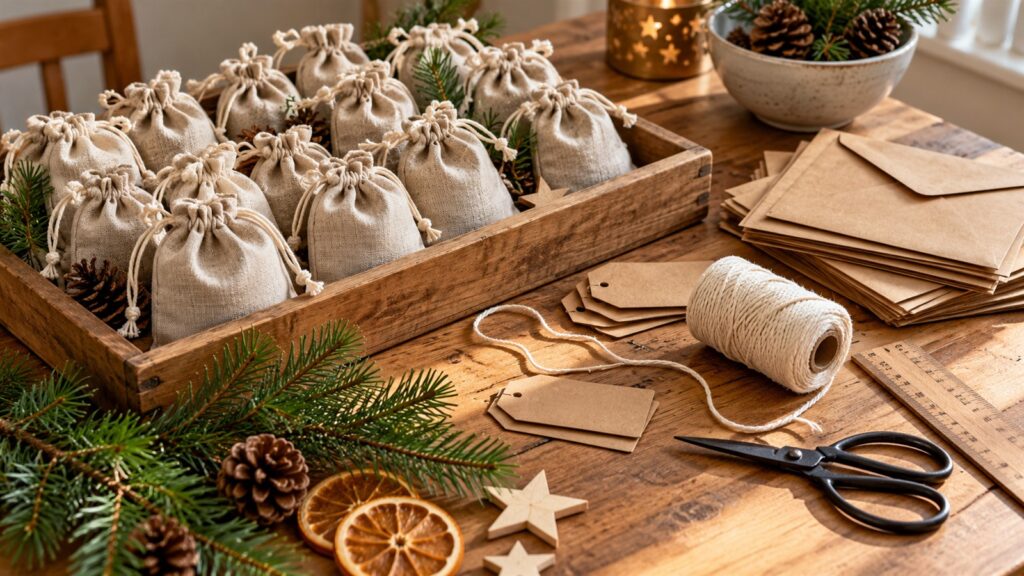 Adventskalender für Erwachsene selber machen: Stoffbeutel, Umschläge, Garn und Schere auf einem Basteltisch