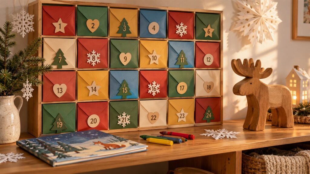 Adventskalender für Kinder ohne Süßigkeiten mit Papierumschlägen, großen Stiften und einem Bilderbuch