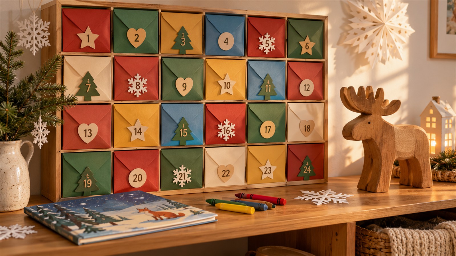 Adventskalender für Kinder ohne Süßigkeiten mit Papierumschlägen, großen Stiften und einem Bilderbuch