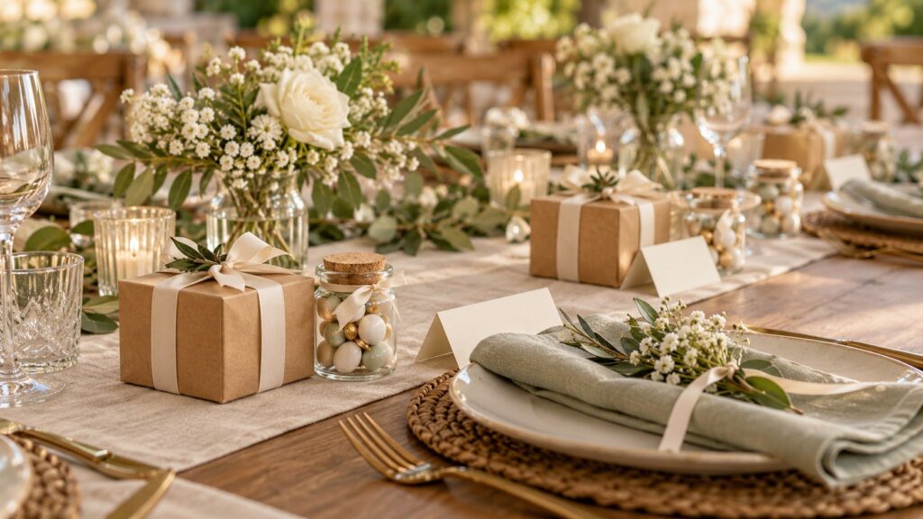 Gastgeschenke zur Hochzeit mit kleinen Geschenkboxen, Glas und blanken Tischkarten auf einer gedeckten Festtafel