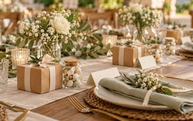 Gastgeschenke zur Hochzeit mit kleinen Geschenkboxen, Glas und blanken Tischkarten auf einer gedeckten Festtafel