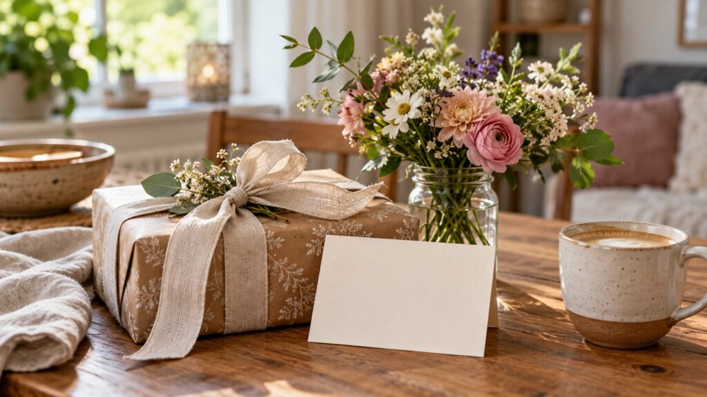 Geburtstagsgeschenke für Mama: Geschenkpaket, Blumen, Karte und Kaffee auf einem Holztisch