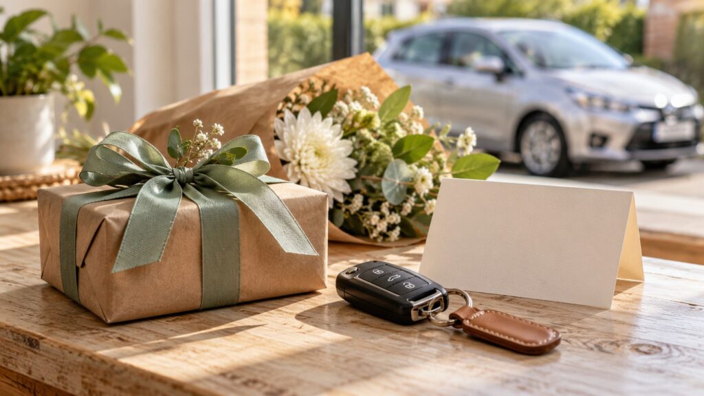Geschenk zur Führerscheinprüfung mit grünem Band, Autoschlüssel und blanker Karte auf einem Holztisch