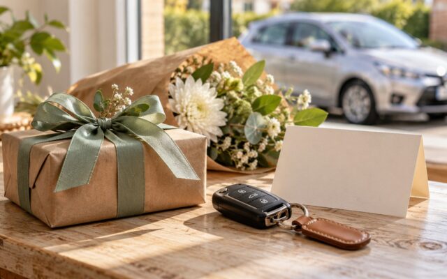 Geschenk zur Führerscheinprüfung mit grünem Band, Autoschlüssel und blanker Karte auf einem Holztisch