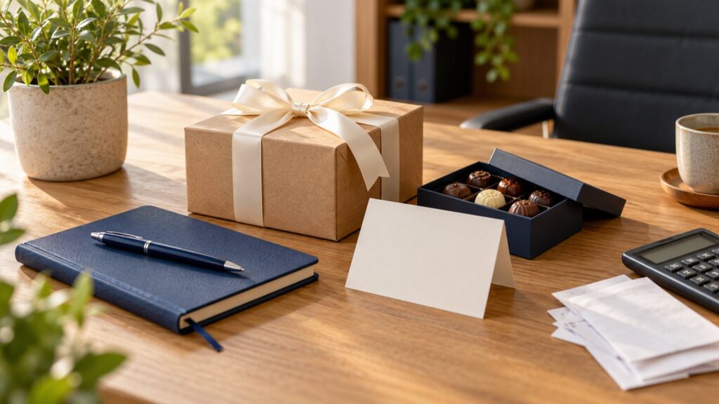 Geschenke an Geschäftsfreunde: Geschenkbox, Notizbuch, Stift und Rechner auf einem Schreibtisch