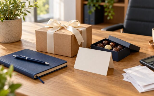 Geschenke an Geschäftsfreunde: Geschenkbox, Notizbuch, Stift und Rechner auf einem Schreibtisch
