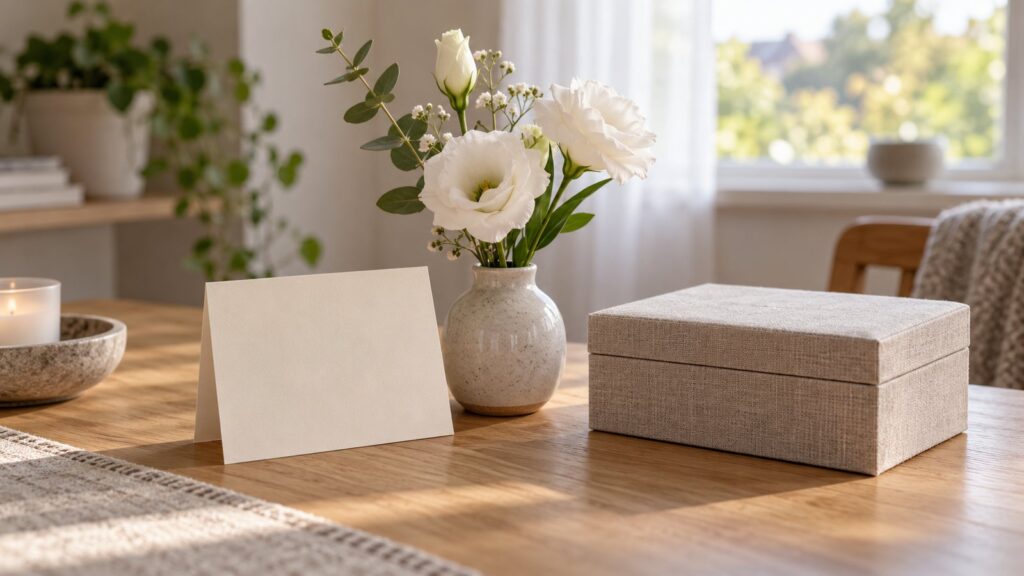 Geschenke bei Trauerfall: schlichte Karte, weiße Blumen und Erinnerungsbox auf einem Holztisch