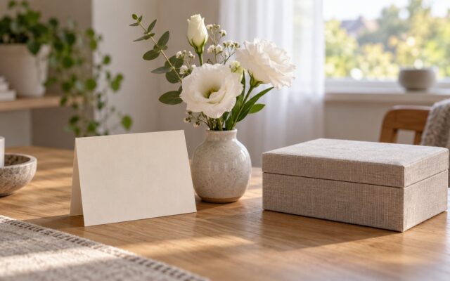 Geschenke bei Trauerfall: schlichte Karte, weiße Blumen und Erinnerungsbox auf einem Holztisch