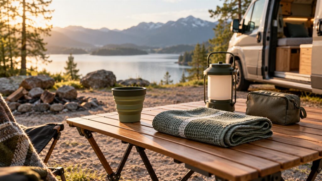 Geschenke für Camper: Faltbecher, Handtuch und kleine Tasche auf einem Campingtisch