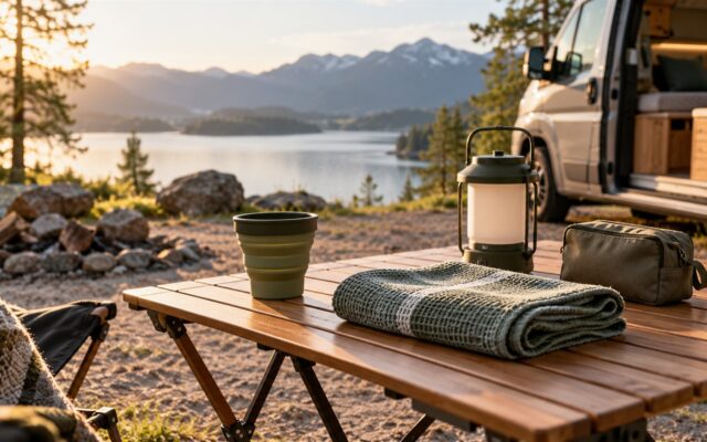 Geschenke für Camper: Faltbecher, Handtuch und kleine Tasche auf einem Campingtisch