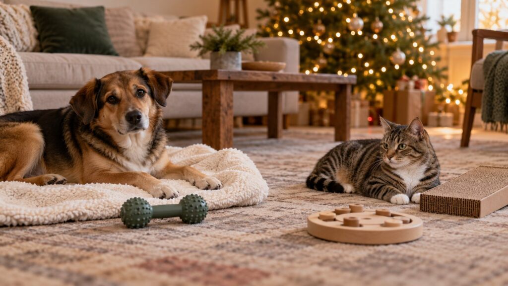 Geschenke für Fellnasen zu Weihnachten: entspannter Hund auf einer Decke und Katze neben Kratzfläche und Beschäftigungsspiel