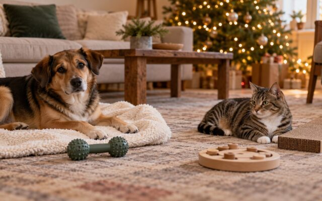 Geschenke für Fellnasen zu Weihnachten: entspannter Hund auf einer Decke und Katze neben Kratzfläche und Beschäftigungsspiel