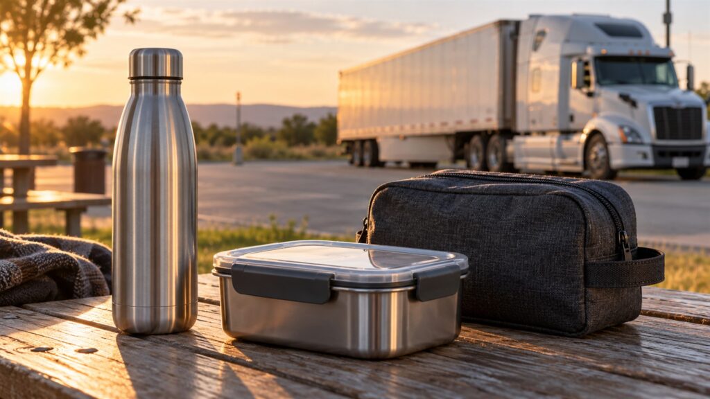 Geschenke für Fernfahrer: Trinkflasche, Lunchbox und Kulturbeutel auf einem Tisch vor einem geparkten Lkw