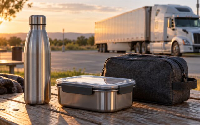 Geschenke für Fernfahrer: Trinkflasche, Lunchbox und Kulturbeutel auf einem Tisch vor einem geparkten Lkw