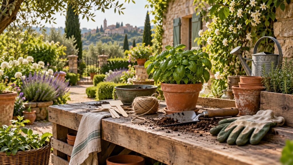 Geschenke für Gartenfreunde: Pflanzkelle, Handschuhe, Etiketten und Kräutertopf auf einer Gartenbank