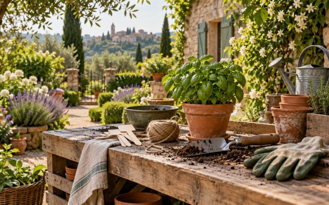 Geschenke für Gartenfreunde: Pflanzkelle, Handschuhe, Etiketten und Kräutertopf auf einer Gartenbank