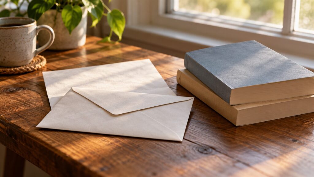 Geschenke für Gefangene: persönlicher Brief und zwei schlichte Bücher auf einem Holztisch