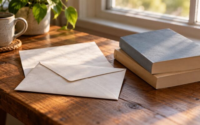 Geschenke für Gefangene: persönlicher Brief und zwei schlichte Bücher auf einem Holztisch