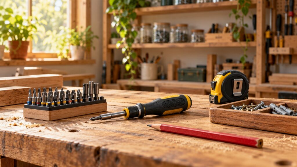 Geschenke für Hobbyhandwerker: Schraubwerkzeug, Markierstift, Maßband und Kleinteileschale auf einer Werkbank