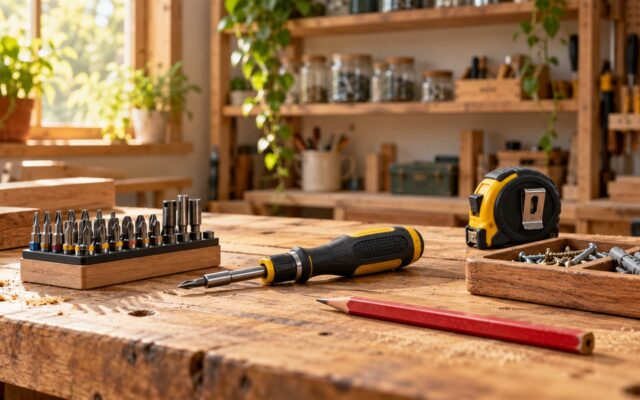 Geschenke für Hobbyhandwerker: Schraubwerkzeug, Markierstift, Maßband und Kleinteileschale auf einer Werkbank