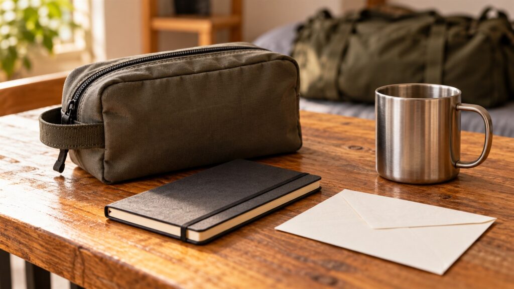 Geschenke für Soldaten: Kulturbeutel, Brief, Notizheft und Becher neben einer Reisetasche
