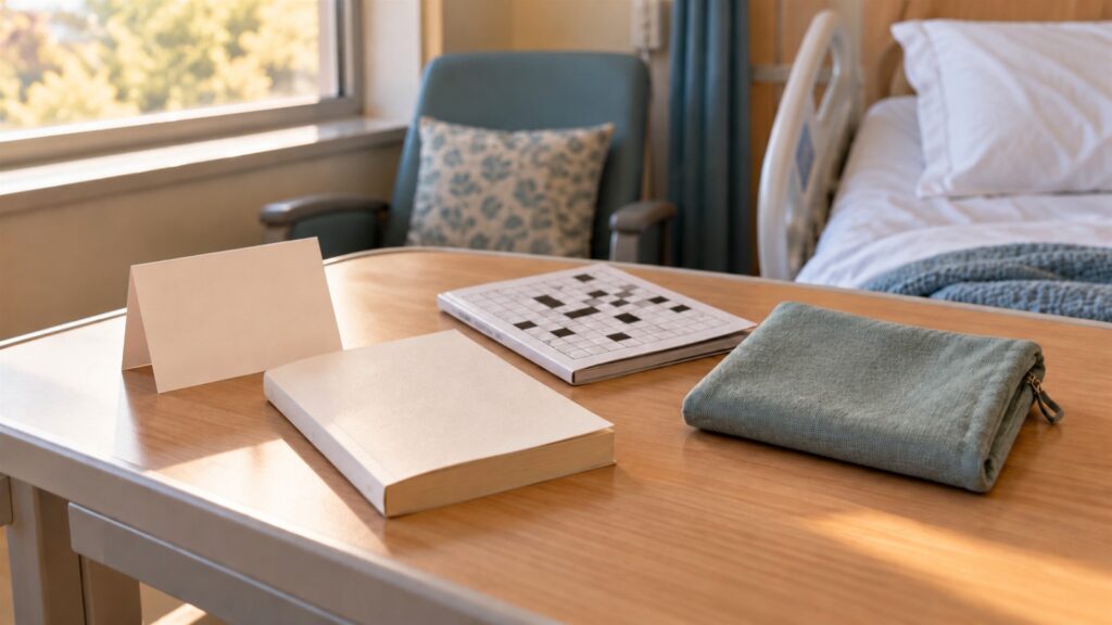 Geschenke fürs Krankenhaus: Karte, Buch, Rätselheft und Stofftasche auf einem kleinen Tisch
