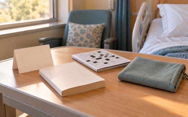Geschenke fürs Krankenhaus: Karte, Buch, Rätselheft und Stofftasche auf einem kleinen Tisch