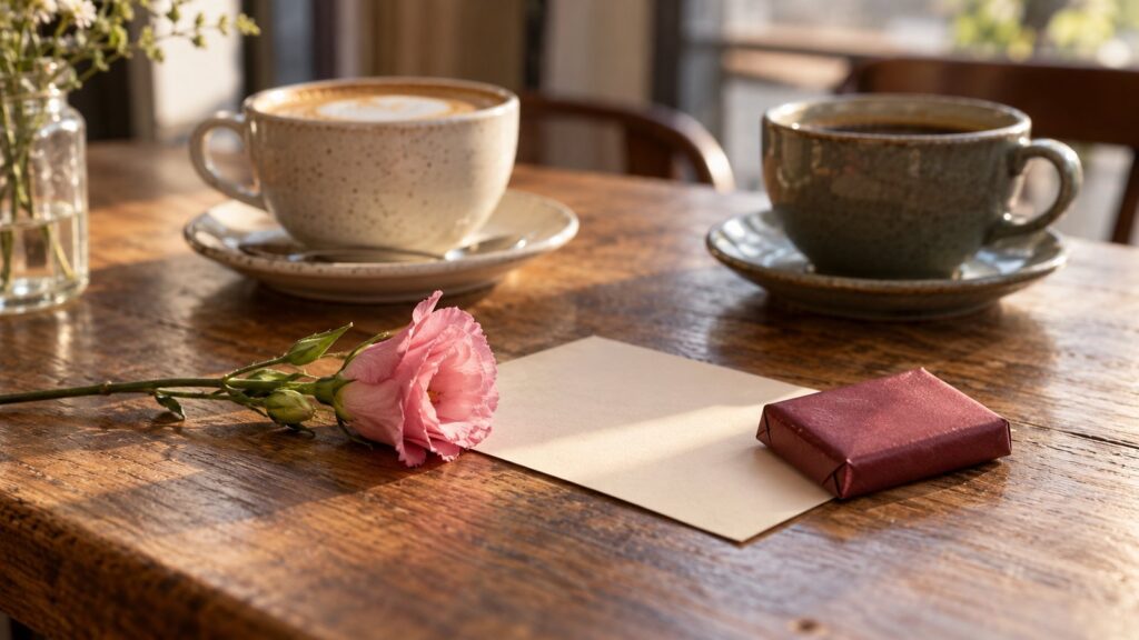 Geschenke zum ersten Date: einzelne Blume, kleine Karte und verpackte Schokolade auf einem Cafétisch
