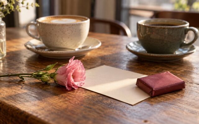 Geschenke zum ersten Date: einzelne Blume, kleine Karte und verpackte Schokolade auf einem Cafétisch
