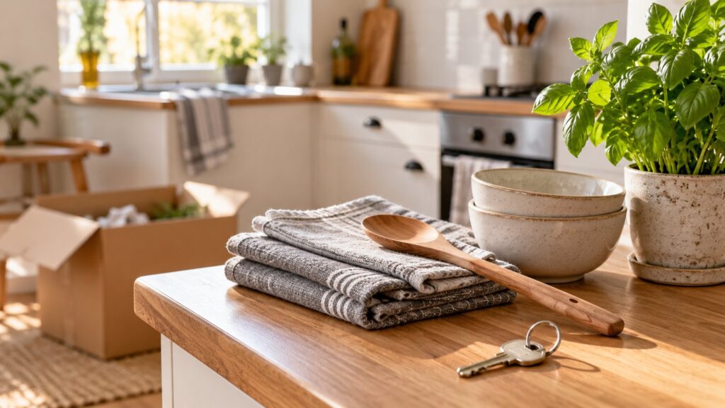Geschenke zur ersten eigenen Wohnung: Geschirrtücher, Schalen, Kochlöffel und Schlüssel in einer kleinen Küche
