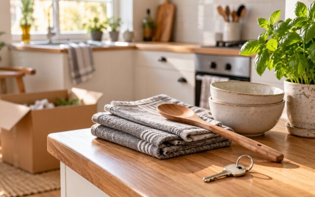 Geschenke zur ersten eigenen Wohnung: Geschirrtücher, Schalen, Kochlöffel und Schlüssel in einer kleinen Küche