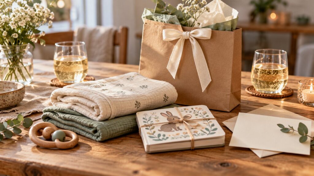 Geschenke zur Pinkelparty: Mulltücher, verpacktes Buch und persönliche Karte auf einem Holztisch