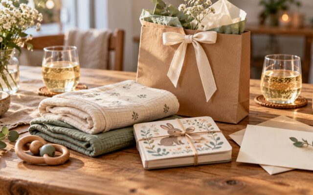 Geschenke zur Pinkelparty: Mulltücher, verpacktes Buch und persönliche Karte auf einem Holztisch