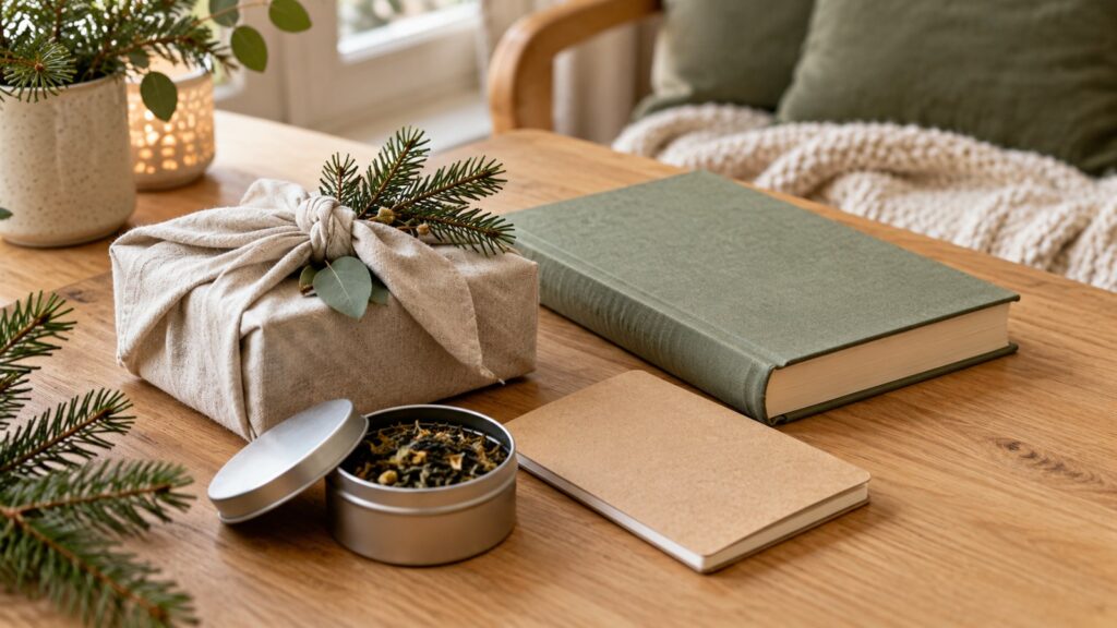Nachhaltige Wichtelgeschenke: Buch, Notizheft und Stoffverpackung auf einem Holztisch