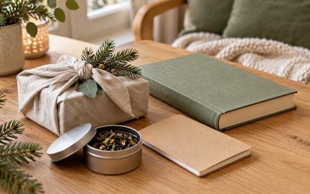 Nachhaltige Wichtelgeschenke: Buch, Notizheft und Stoffverpackung auf einem Holztisch