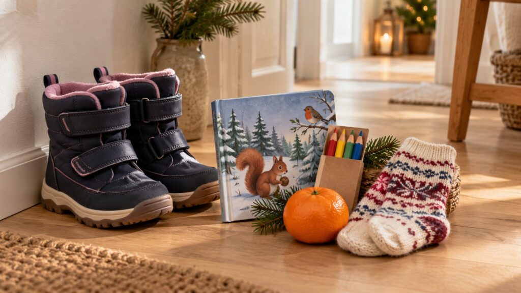Nikolausgeschenke für Kinder: kleine Stiefel mit Buch, Stiften, Socken und Mandarine