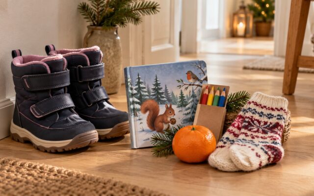 Nikolausgeschenke für Kinder: kleine Stiefel mit Buch, Stiften, Socken und Mandarine