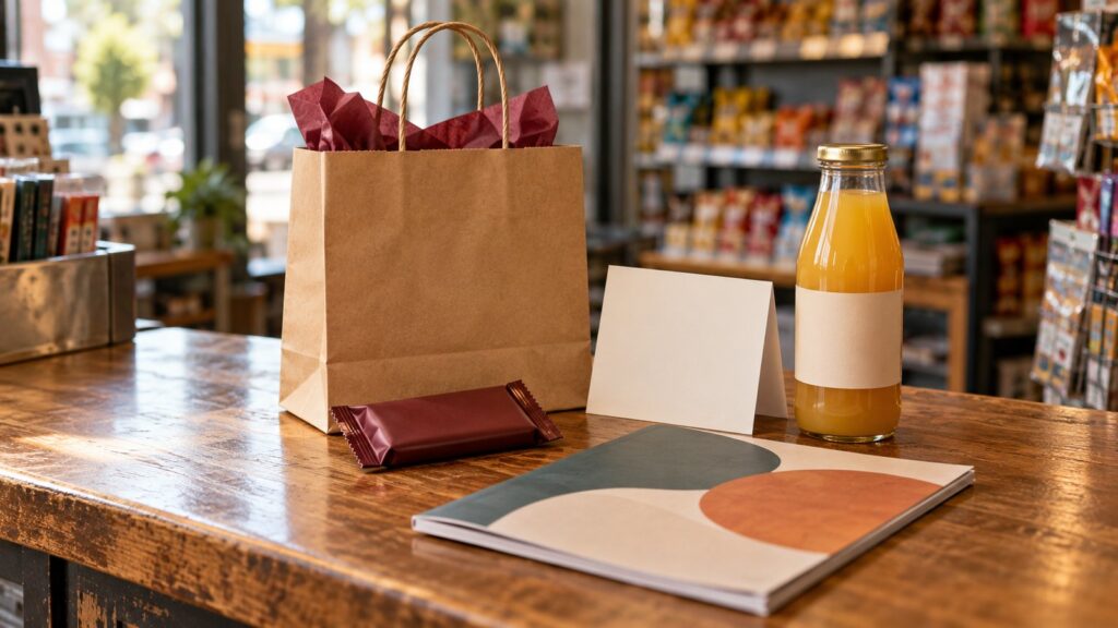 Schnelle Geschenke vom Kiosk: kleine Papiertüte, Karte, Schokolade, Magazin und Saft auf einem Tresen
