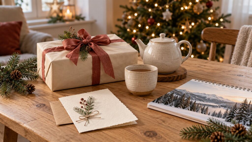 Weihnachtsgeschenke für Mama: Geschenkpaket, Teekanne und Fotokalender vor einem Weihnachtsbaum