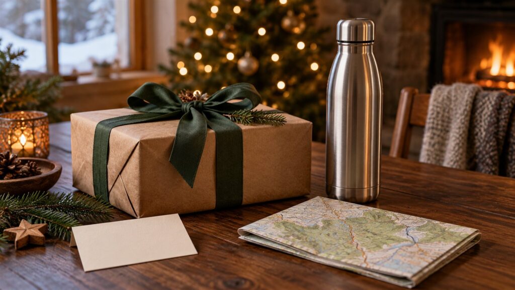 Weihnachtsgeschenke für Papa: Geschenkpaket, Isolierflasche und Karte vor weihnachtlichen Lichtern