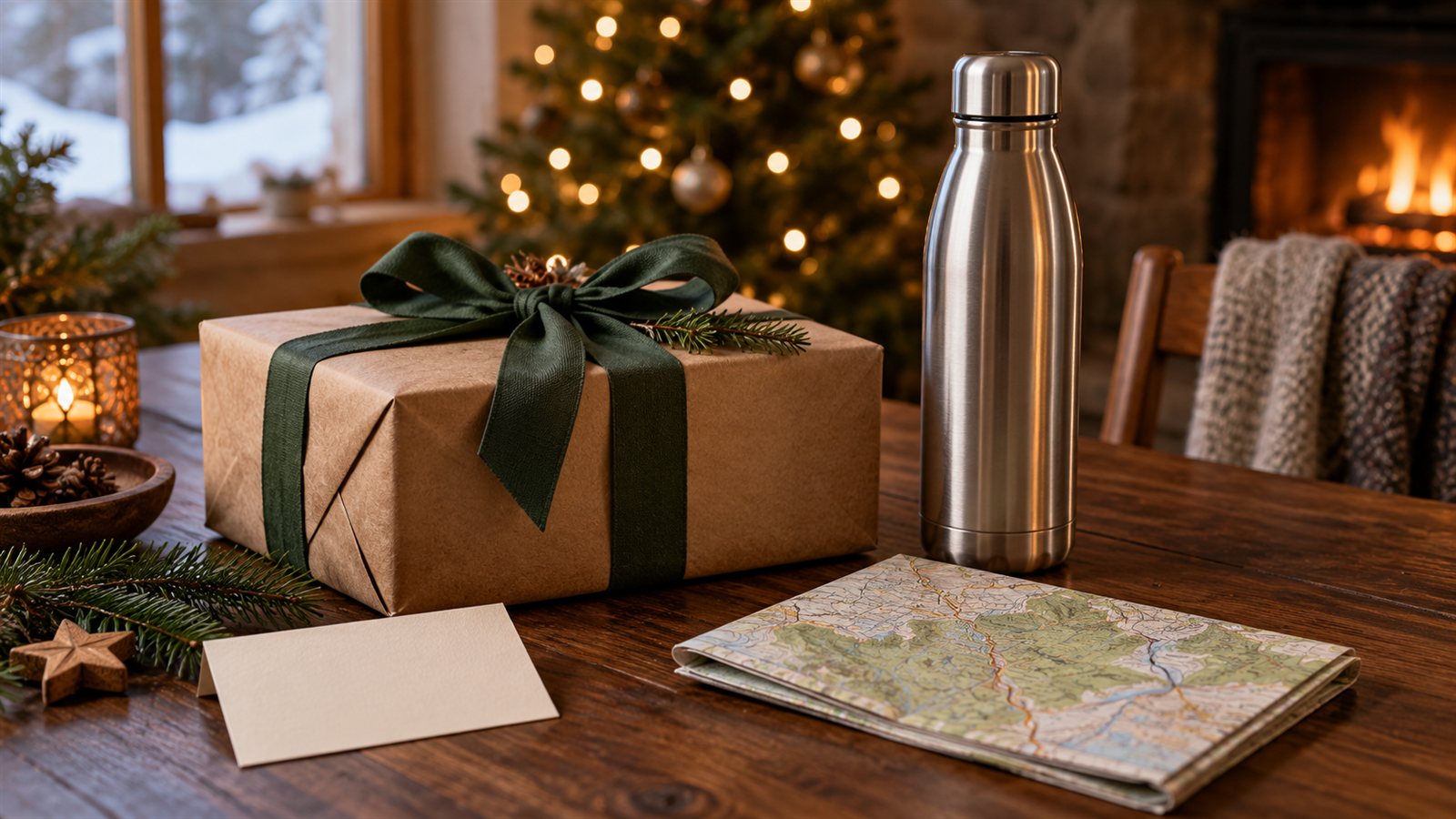 Weihnachtsgeschenke für Papa: Geschenkpaket, Isolierflasche und Karte vor weihnachtlichen Lichtern