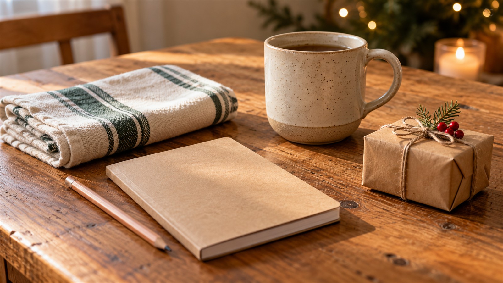 Wichtelgeschenke bis 10 Euro: neutrale kleine Geschenke und eine verpackte Überraschung auf einem Holztisch