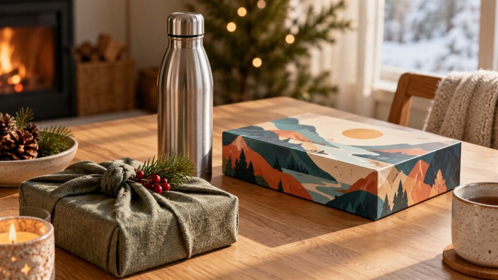 Wichtelgeschenke bis 20 Euro: neutrale kleine Geschenke und eine verpackte Überraschung auf einem Holztisch