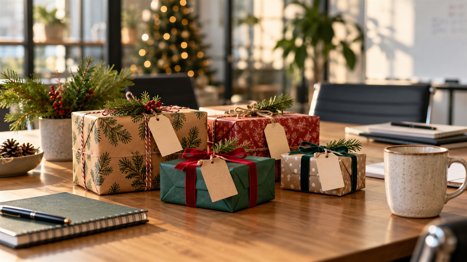 Wichtelgeschenke für Kollegen: neutral verpackte Geschenke, Notizheft und Tasse auf einem Bürotisch